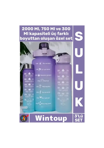 Suluk 3 Lü Paket Tritan Sızdırmaz Pipetli Zaman Çizelgeli Su Matarası Motivasyon Suluk Seti Renkli Çok Renkli