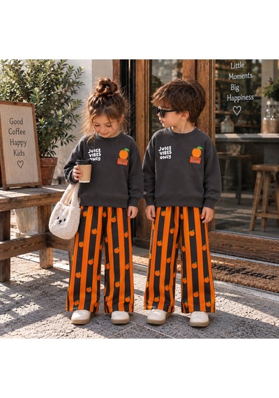 Juice Vibes Only Baskılı Sweatshirt Portakal Desenli Çizgili Alt Üst Takım 3iplik Siyah
