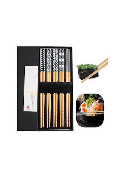 Valkyrie 5 Çift Doğal Ahşap Yemek Çubuğu Seti Japon Desenli Kaymaz Uçlu Kutulu 22,5cm Chopstick Seti