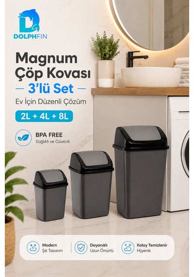 Magnum 3 Lü Sallanır Kapaklı Çöp Kovası Seti 2 L 4 L 8 L Banyo Mutfak Antrasit Siyah