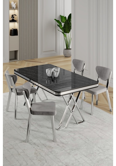 Raja Serisi 80x130 Lak Panel Siyah Mermer Desen Masa Takımı Krom Ayaklı 4 Sandalye Siyah Mermer Masa Gri Sandalye Raja Serisi 80x130 Lak Panel Siyah Mermer Desen Masa Takımı Krom Ayaklı 4 Sandalye Siyah Mermer Masa Gri Sandalye