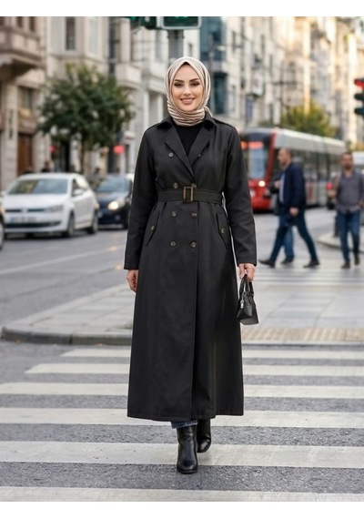 Hb Harma Time Butik Kadın Düğmeli Astarlı Kemerli Bondit Siyah Trenç