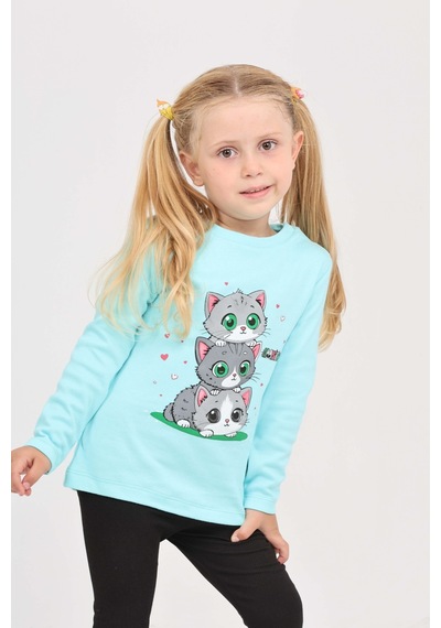 Toontoy Kız Çocuk Üçlü Kedi Baskılı Sweatshirt Turkuaz
