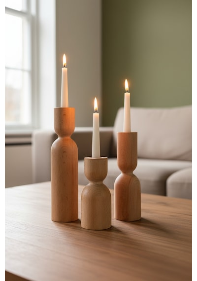 Dekoratif 3’lü Ahşap Mumluk Set Modern Minimalist Doğal Şamdan Ofis Ev Mum Standı Nordic