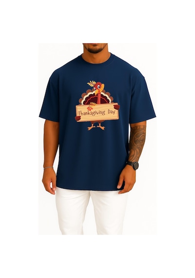 Bahriyeli Collection Oversize Şükran Günü Akşam Yemeği Göğüs Tasarımlı Unisex T-shirt Lacivert
