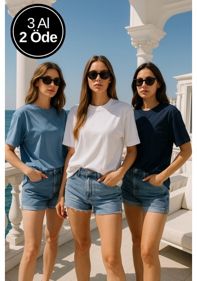 Kadın 3'lü Paket Lacivert-mavi-beyaz %100 Pamuk Oversize Basic Tişört Bisiklet Yaka Relaxed T-shirt Çok Renkli