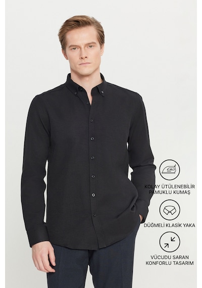 AC&Co / Altınyıldız Classics Erkek SIYAH Tailored Slim Fit Dar Kesim Düğmeli Yaka Oxford Gömlek - Siyah
