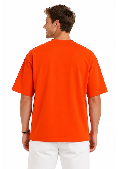 Vasto Moda Erkek Oversize Kalın Dokulu %100 Organik Pamuk Bisiklet Ribana Yakalı Turuncu T-shirt