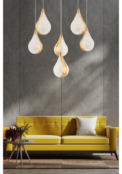 Biana 6'lı Yuvarlak Gold Damla Başlıklı Modern Salon Led Avize Altın