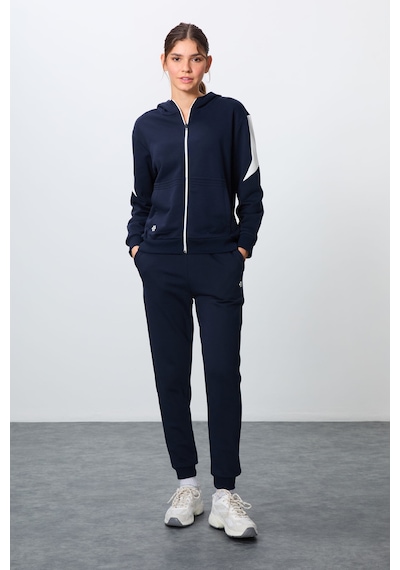 Tommy Life İndigo Kompakt Pamuklu Kalın Pürüzsüz Dokulu Kapüşonlu Oversize Fit Kadın Eşofman Takım - 95343 Indıgo