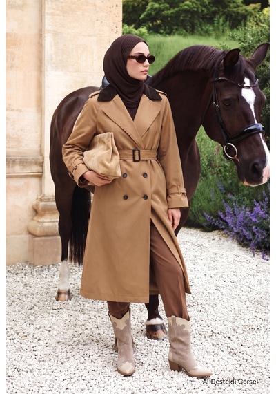 Avenna Kontrast Yaka Belden Kemerli Yandan Cepli Kap 125 Cm Boy Camel 26kt713