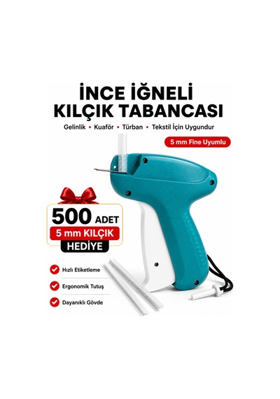 İnce İğneli 5 Mm Kılçık Tabancası 500 Adet Kılçık Hediyeli Türban Gelinlik Kuaför Etiket Tabancası