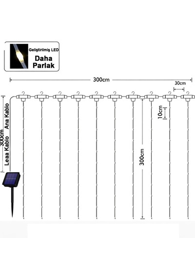 Solar Panelli Otomatik Şarjlı 3x3 Metre Perde Saçak Led Güneş Enerjili Modlu Günşığı Led Işık Aydınlatma 12 Saçak Günışığı