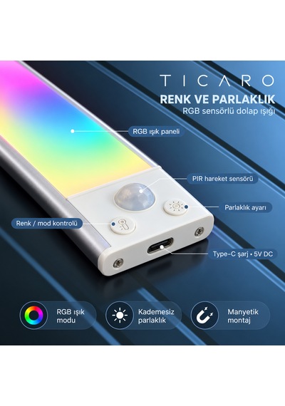 Tıcaro 32 Cm Rgb Sensörlü Şarjlı Led Dolap Işığı, 72 Led, 2200 Mah, Tekli Gümüş