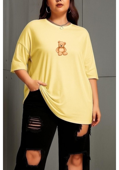 Büyük Beden Ayıcık Baskılı Unisex Tişört Sarı
