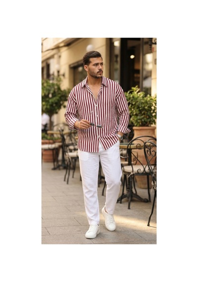 Butik İstanbul Erkek Dikey Çizgili Yarım Oversize Gömlek Bord