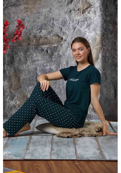 Lukitus Sıfır Yaka Kısa Kol Milan Kumaş Kadın Pijama Takımı Yeşil