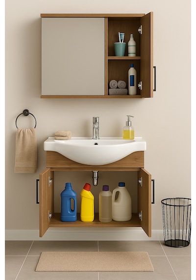 Lacrime 65 Cm Ahşap Renkli Mdf, Oval Seramik Lavabolu, Alt Ve Üst Ahşap