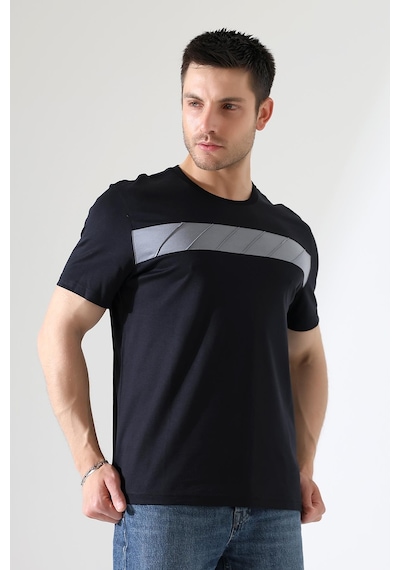Rıbana Classıc Erkek İki Renk Parçalı Bisiklet Yaka T-shirt - Pamuklu Tişört Siyah