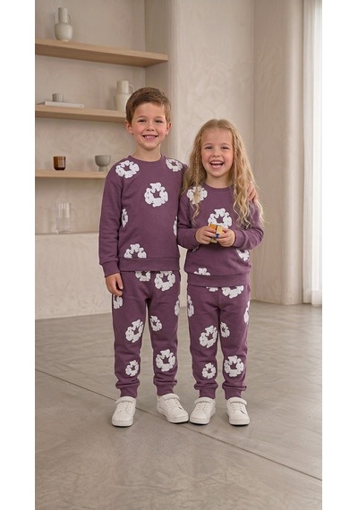 Mavi Boncukk Kız Erkek Çocuk Unisex Çiçek Desenli Sweatshirt Ve Eşofman Altı 2 Li Takım Mor