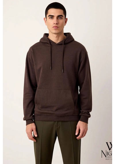 Benerly Erkek Kapüşonlu Düşük Kol Uzun Kollu Oversize Kalıp Sweatshirt Fo Koyu Kahverengi