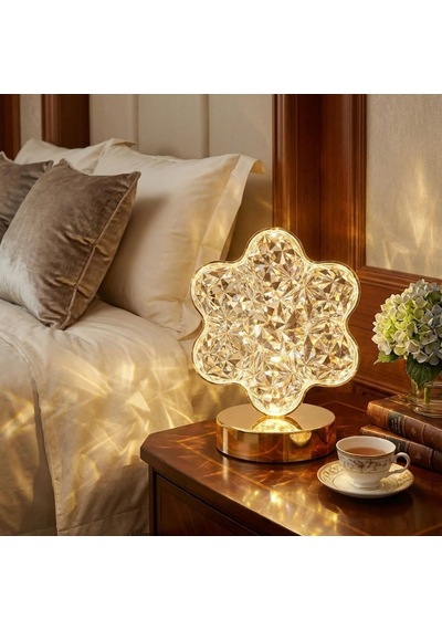 Çiçek Model Kristal Led Masa Lambası Dokunmatik, 3 Renk Işık Modlu, Şarjlı Mini Dekoratif Gece Lambası Beyaz
