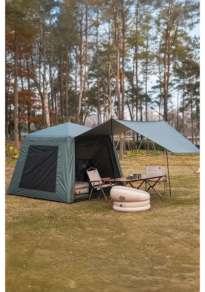 Tenteli Oxford Kumaş Şişme Çadır 4-5 Kişilik 233x233x190cm Haki