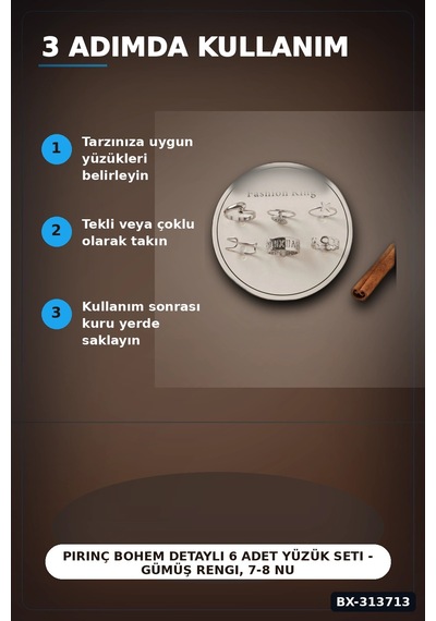Pirinç Bohem Detaylı 6 Adet Yüzük Seti - Gümüş Rengi, 7-8 Numara, Bijuteri Aksesuar Bx-313713 Çok Renkli