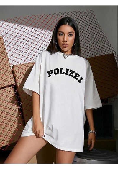 Flood Of Style Kadın Beyaz Polizei Baskı Tshirt
