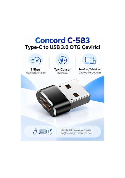 Concord C-583 Type-c To Usb 3.0 Otg Çevirici Adaptör Telefon Tablet Pc Uyumlu Siyah Veri Aktarım Dönüştürücü