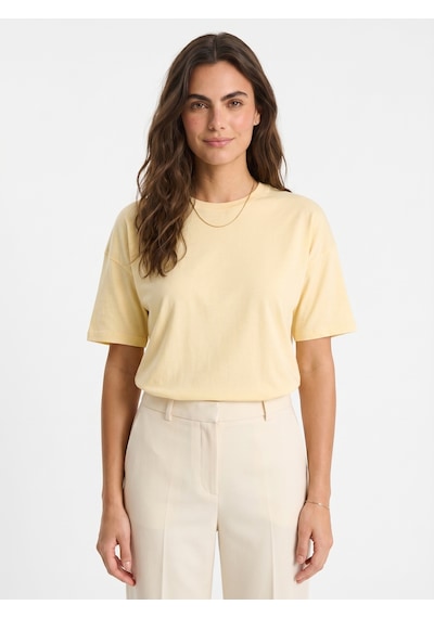 Onloox Kadın Tereyağ Tereyağ Organik Pamuklu Yuvarlak Yakalı Relaxed Fit Kısa Kollu Rahat Kesim Örme T-shirt