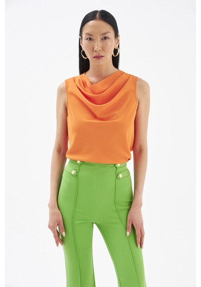 Sateen Degaje Yaka Kolsuz Bluz - Oranj