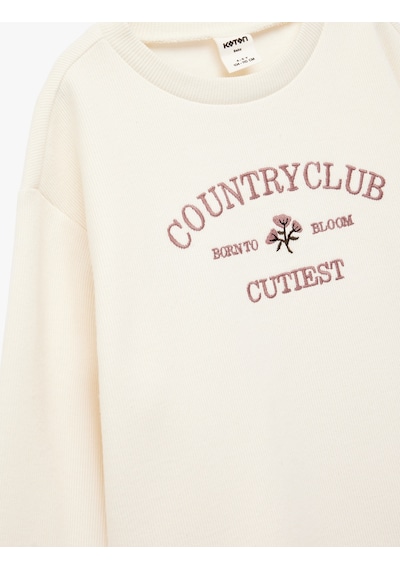 Koton Uzun Kollu Bisiklet Yaka Nakış Detaylı Sweatshirt Bej 6wmg10154ak Ekru