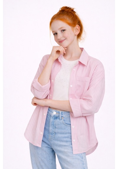 Ahengim Kız Çocuk Çizgili Taşı Crop Badili Gömlek Takım Ak2606 Pembe