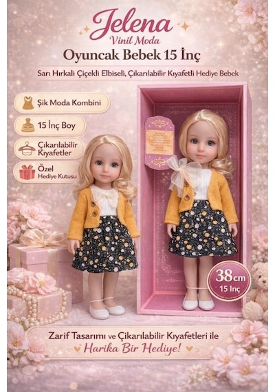 Jelena Vinil Moda Oyuncak Bebek 15 İnç Sarı Hırkalı Çiçekli Elbiseli, Çıkarılabilir Kıyafetli Hediye Bebek