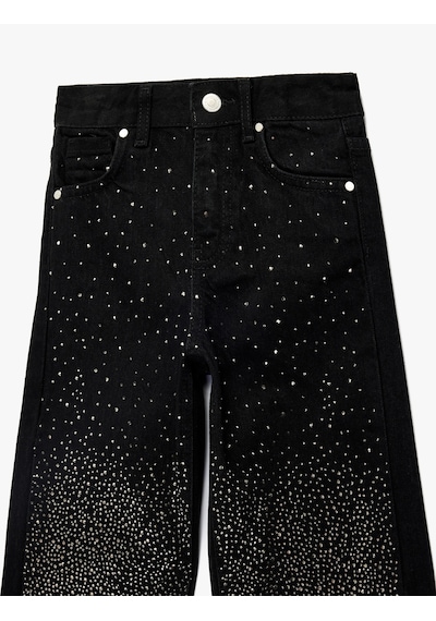 Koton Pamuklu Cepli Taş Detaylı Geniş Paça Denim Pantolon Siyah 6skg40023ad Siyah