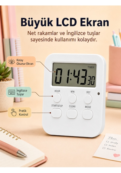 Öğrenci Ders Çalışma Saati Kronometreli Araç Saati Mutfak Buzdolabı Magnet Saat Sınavlara Hazırlık Beyaz