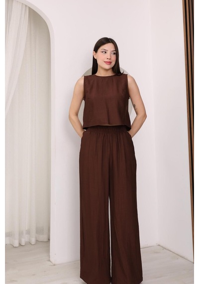 Famoda Kahverengi Sırtı Çapraz Bağcıklı Crop Bluz & Yüksek Bel Palazzo Pantolon Alt Üst Takım