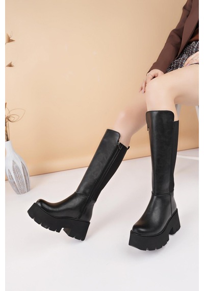 Nesilshoes Nesil Shoes Carel 607 Siyah Strech Platform Kadın Çizme