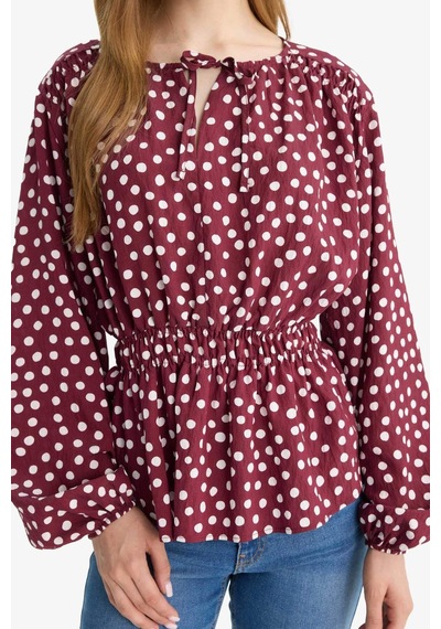 Defacto Regular Fit Bisiklet Yaka Puantiyeli Uzun Kollu Bluz E9920ax25aubr375 Bordo