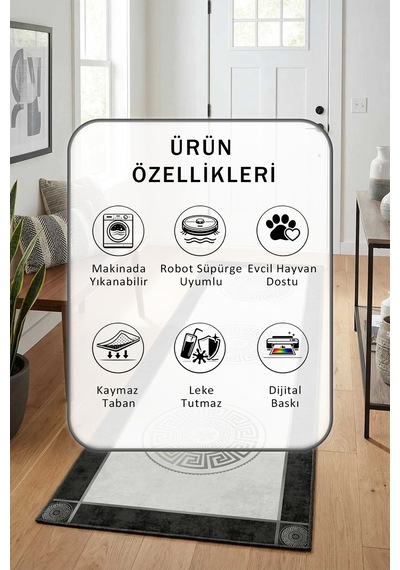 Arguvan Gri Salon Mutfak Yatak Odası Dijital Yıkanabilir Yolluk 2