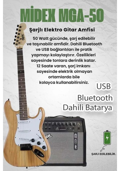 Midex Rph-320wd-50amp Ahşap Renk Strat Kasa Sss 50w Amfili Elektro Gitar Seti