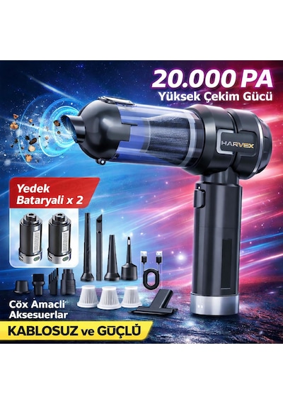 Harvox Hxvc-005 Araç İçi Profesyonel Süpürge 12.000 Mah Çift Bataryalı 20.000pa Güçlü Vakum Ve Üfleme Powerbank Özellikli Süpürge Siyah