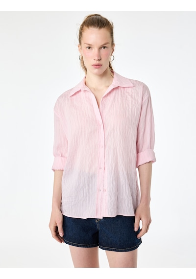 Koton Uzun Kollu Çizgili Oversize Gömlek Pınk Strıpe 7wak60018pw Pembe Çizgili
