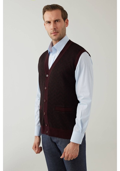 Erkek Koyu Bordo Regular Fit Desenli Yün Karışımlı Triko Yelek