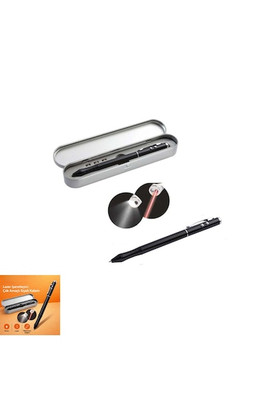 Metal Kutulu Kırmızı Lazerli, Beyaz Led Işıklı Pointer İşaretçi Kalemi Metal Tükenmez Kalem Siyah