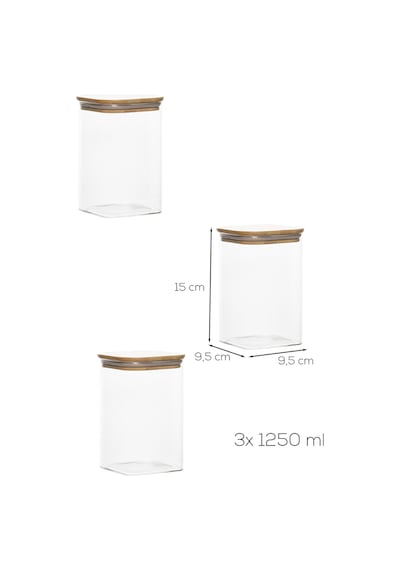 Porsima 6-3 Bambu Vakumlu Kapaklı Kare Borsilikat Cam 3lü Kavanoz Seti Saklama Kabı 1250ml 9,5x15cm Ahşap - Şeffaf