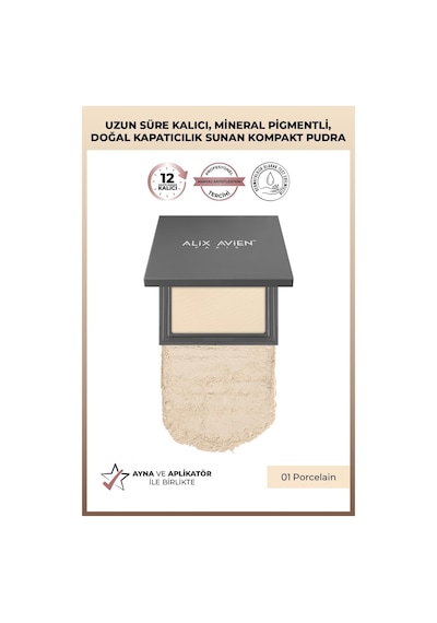 Alix Avien Kompakt Pudra 12 Saate Kadar Kalıcılık Soğuk Cilt Alt Tonu Compact Powder 01 Porcelain