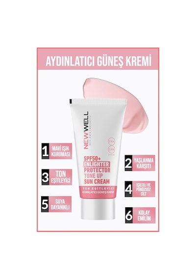 New Well Ton Eşitleyici ve Aydınlatıcı Pembe Yüz Güneş Kremi SPF50+ 50 ML