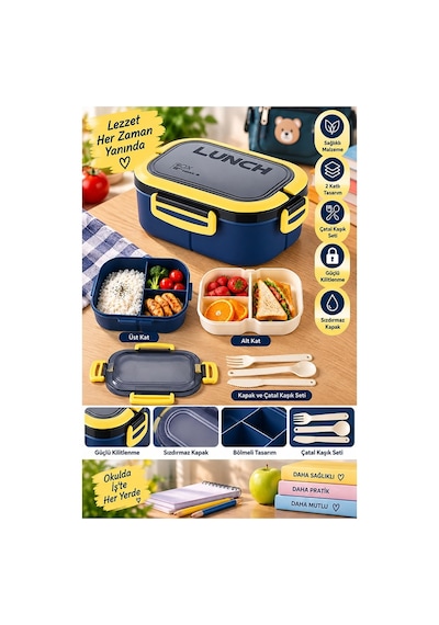 Renkli Beslenme Kutusu 2 Katlı 6 Bölmeli 1 Adet 6 Bölmeli Beslenme Kabı Yemek Saklama Kabı Taşınabilir Lunch Box Okul Lacivert